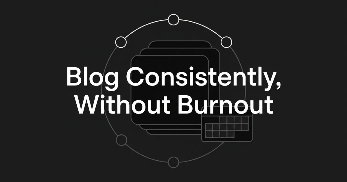 Charcoal cover with the words Blog Consistently, Without Burnout centered over a thin circular loop of four connected nodes and a stack of layered cards beside a small calendar grid.
