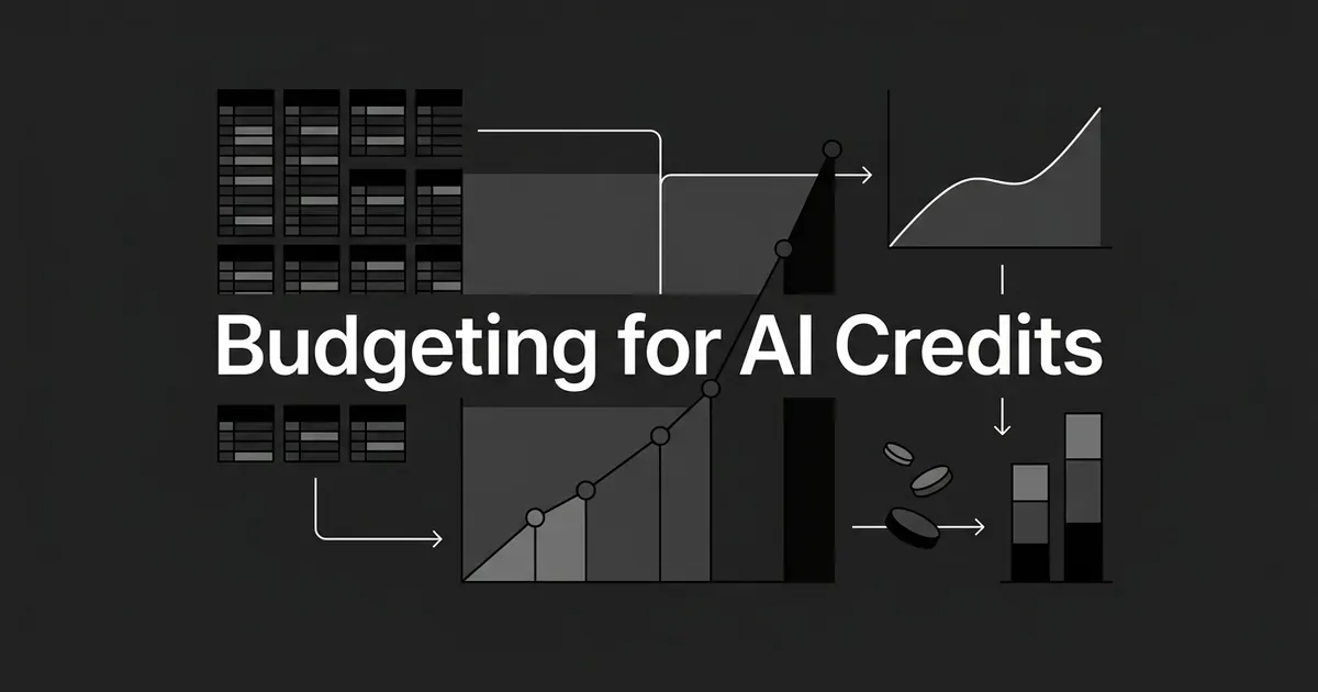 A monochrome illustration titled Budgeting for AI Credits, showing ledger grids and coin icons flowing into a rising bar and line chart that represents turning scattered AI usage into a predictable cost forecast.