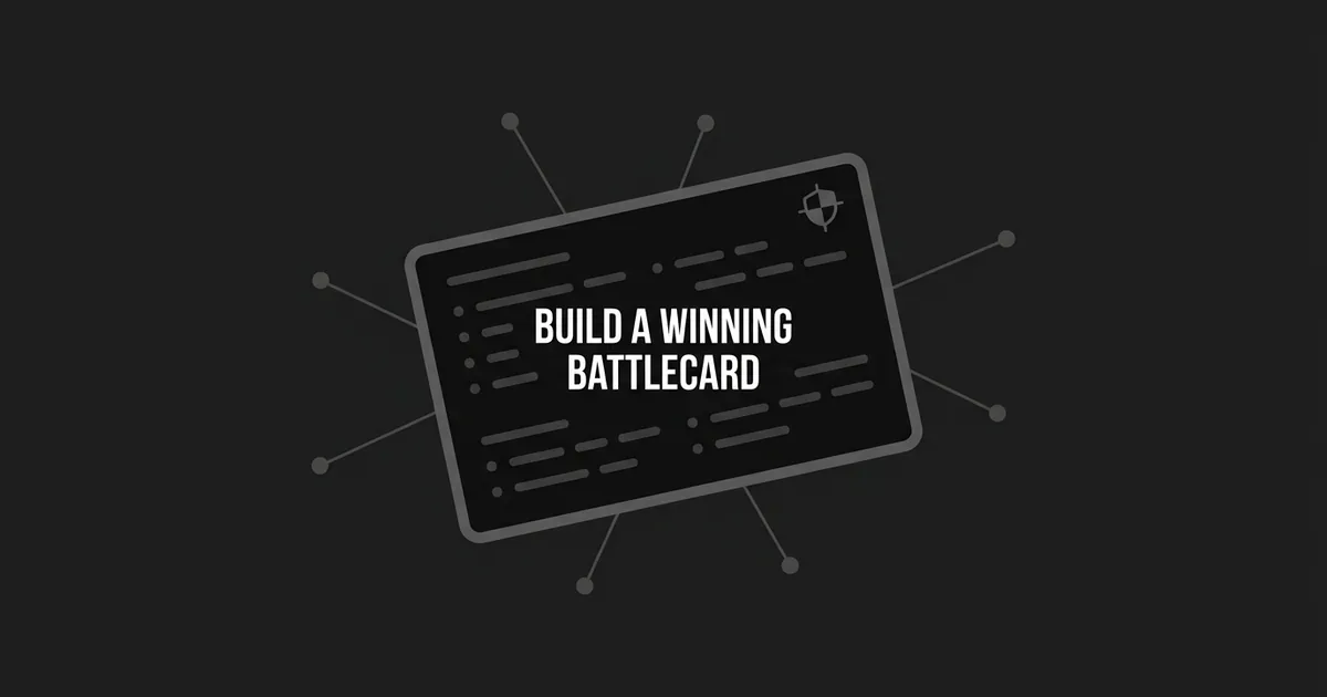An abstract illustration of a single index card with a shield icon and rows of short bullet lines, surrounded by radiating connection dots, above the text Build a Winning Battlecard, representing a one-page competitive battlecard distilled from research.