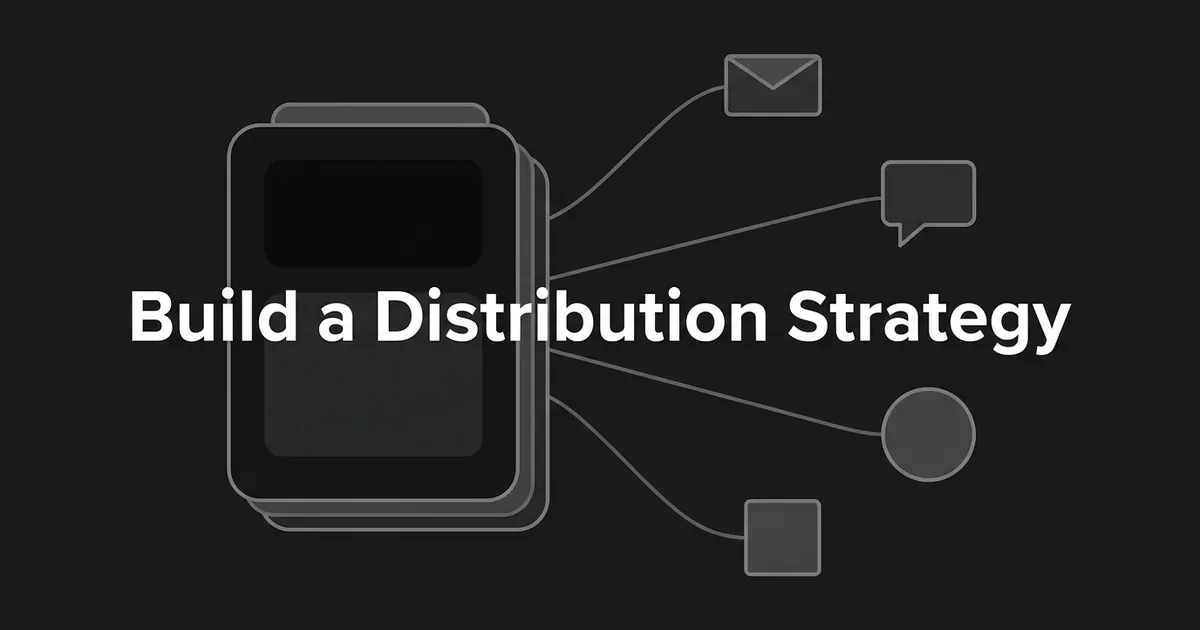 Abstract monochrome diagram of one layered article card connected by thin lines to an envelope, a speech bubble, a circle, and a square, under the cover line Build a Distribution Strategy.