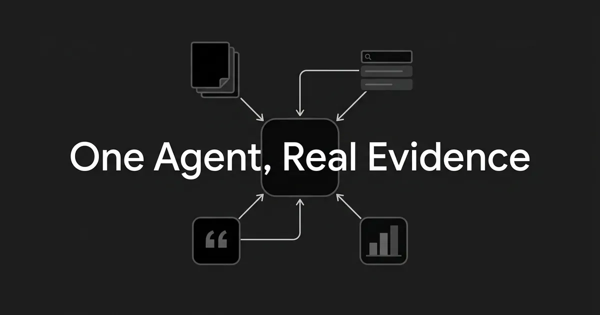 A monochrome illustration of one central rounded node pulling arrows inward from four separate sources, a stack of page cards, a search-result bar, a citation quotation mark and a small bar chart, under the cover line One Agent, Real Evidence.