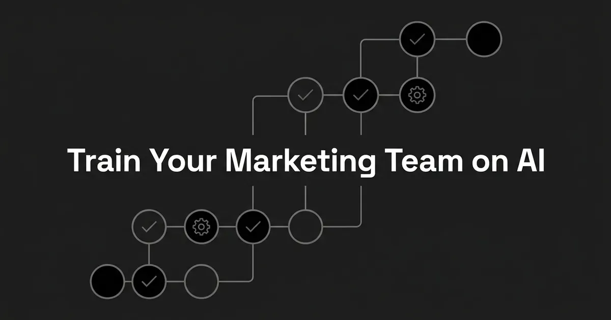 A monochrome diagram of connected circular nodes with checkmarks and gear icons arranged in a rising staircase pattern, with the text Train Your Marketing Team on AI centered on a dark charcoal background.