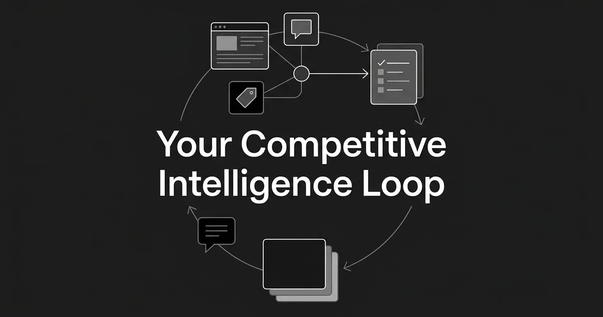 A monochrome diagram of watched sources feeding into a decision checklist in a looping cycle, titled Your Competitive Intelligence Loop.