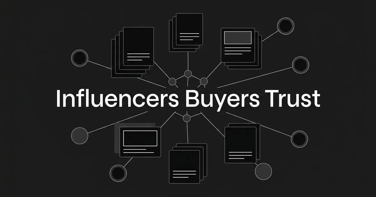 Monochrome diagram of a small cluster of connected nodes linked by lines to layered document cards and circular nodes, under the cover line Influencers Buyers Trust.