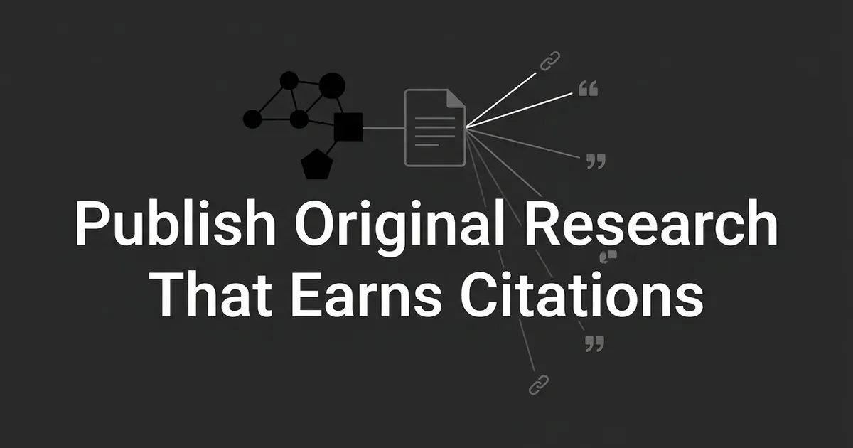 An illustration of connected data-point nodes feeding into a document that radiates link and quotation marks, with the text Publish Original Research That Earns Citations.