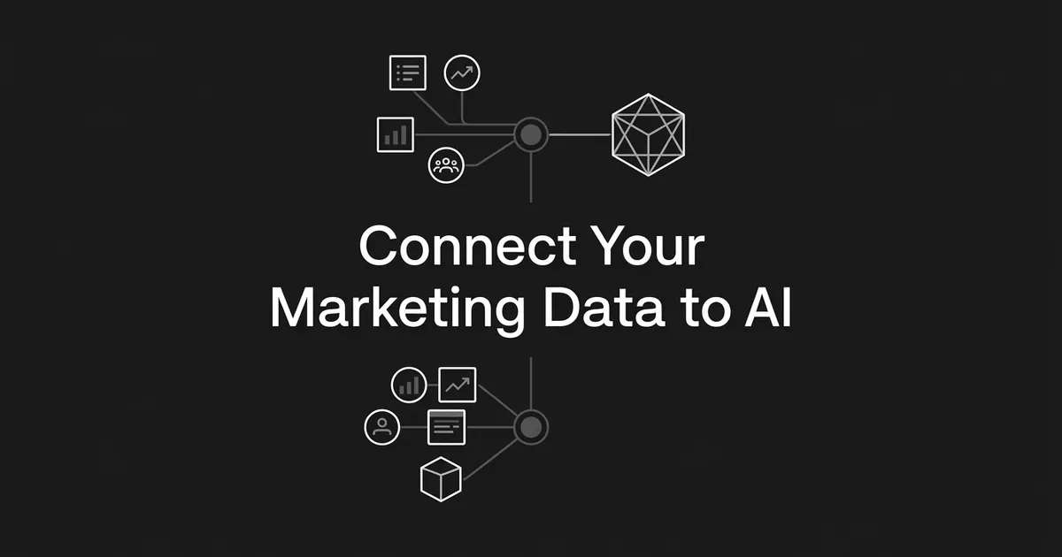 Abstract monochrome illustration of marketing data icons, including charts, reports, and audience data, connected through a central hub node to a single AI assistant shape, with the white cover line Connect Your Marketing Data to AI on a charcoal background.