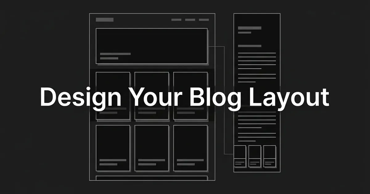 A monochrome wireframe of a blog homepage with a featured card and rows of article cards beside a narrow article page, behind the words Design Your Blog Layout.