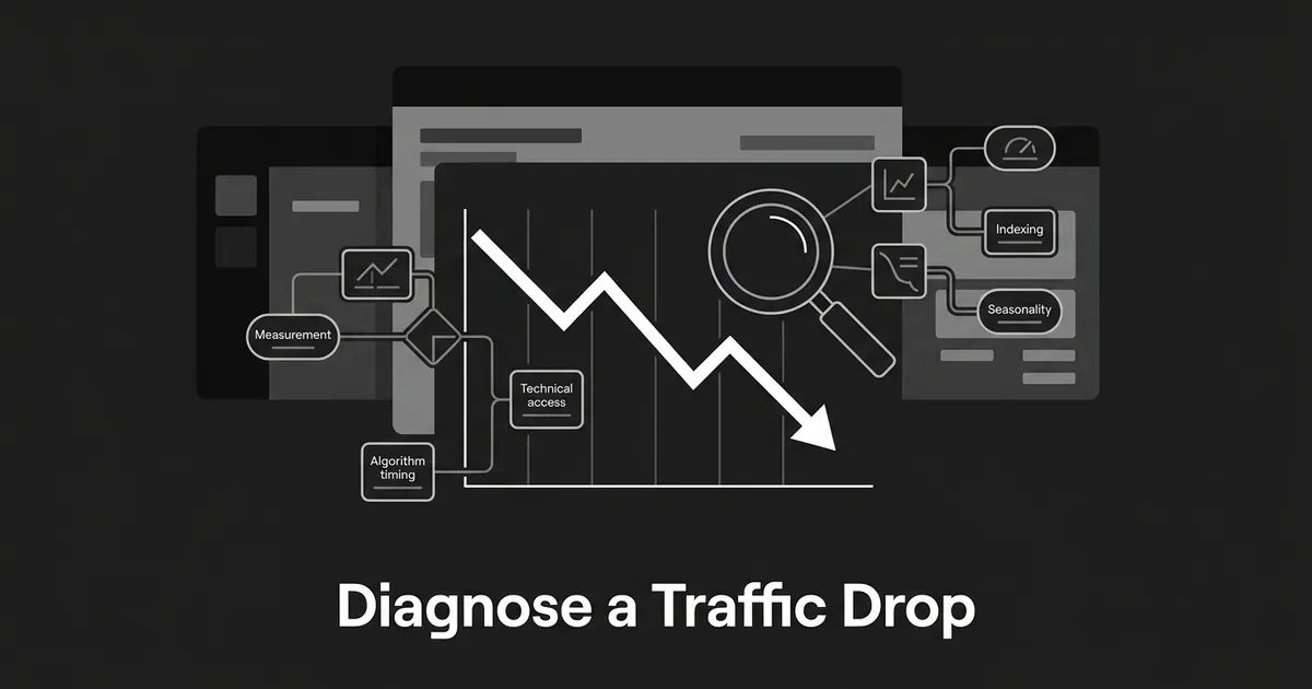 A monochrome illustration of a downward traffic line chart under a magnifying glass, connected to labeled diagnostic checkpoints including measurement, technical access, algorithm timing, indexing, and seasonality, with the text Diagnose a Traffic Drop.