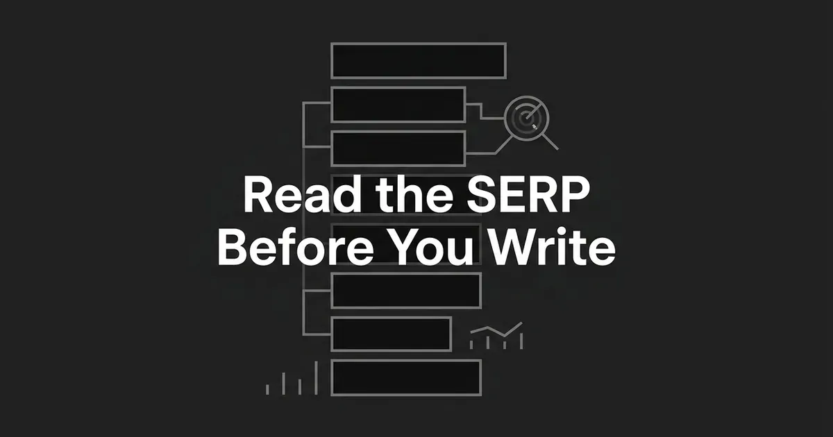 A stack of ranked result-card outlines connects to a search icon and small chart marks on a charcoal background, with the white text Read the SERP Before You Write.