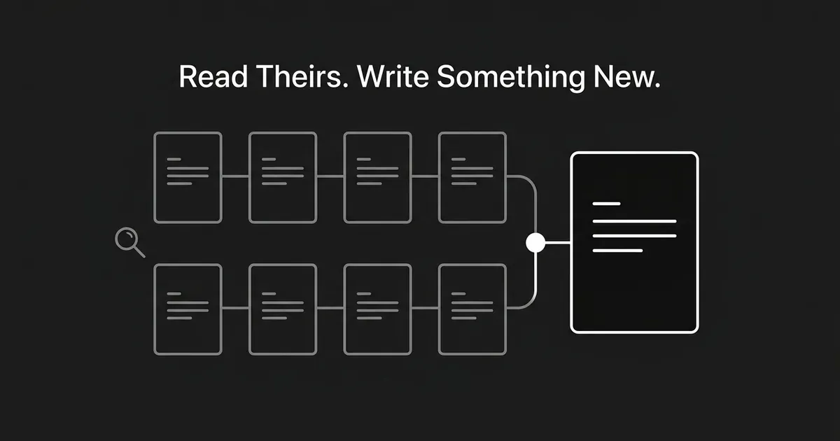 An abstract monochrome illustration of two rows of gray outlined document cards connecting into one solid white bordered document, with a magnifying glass beside the rows and the line Read Theirs, Write Something New above them.