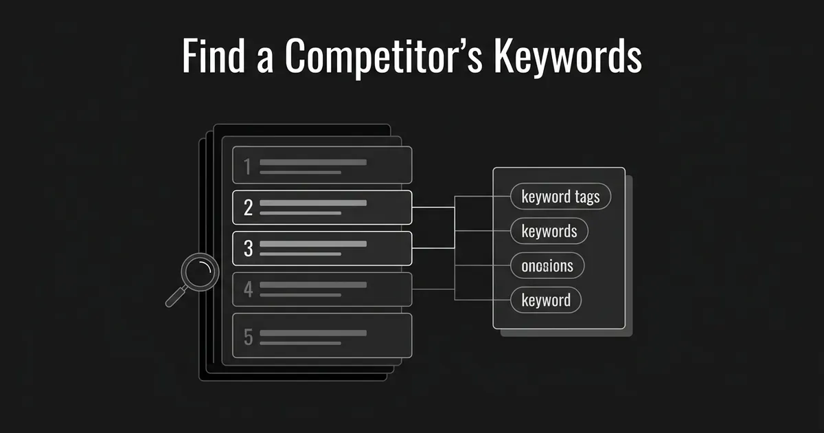 A monochrome diagram of a ranked list of search results next to a magnifying glass, connected by thin lines to a smaller list of extracted keyword tags, illustrating how to find a competitor's keywords.
