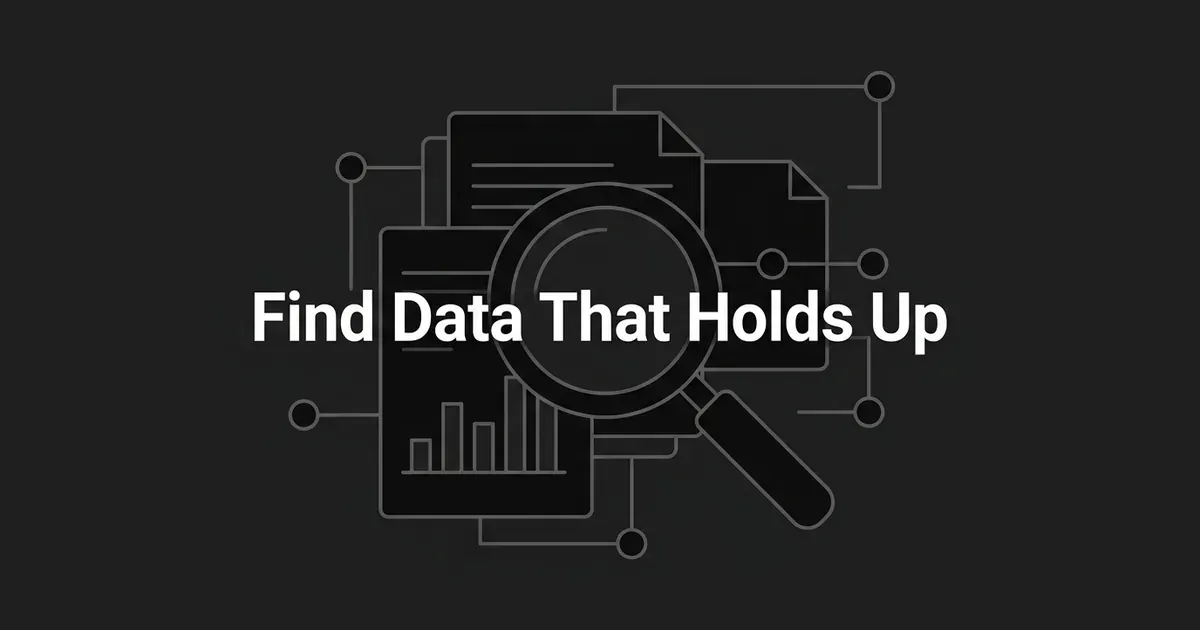 A monochrome illustration of a magnifying glass over layered document cards with a small bar chart, connected by lines and nodes, with the cover line Find Data That Holds Up centered on a charcoal background.