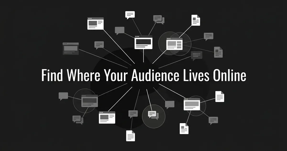 A monochrome illustration of a central hub connected by lines to scattered website, forum, and publication icons, representing the search for where an audience spends time online.