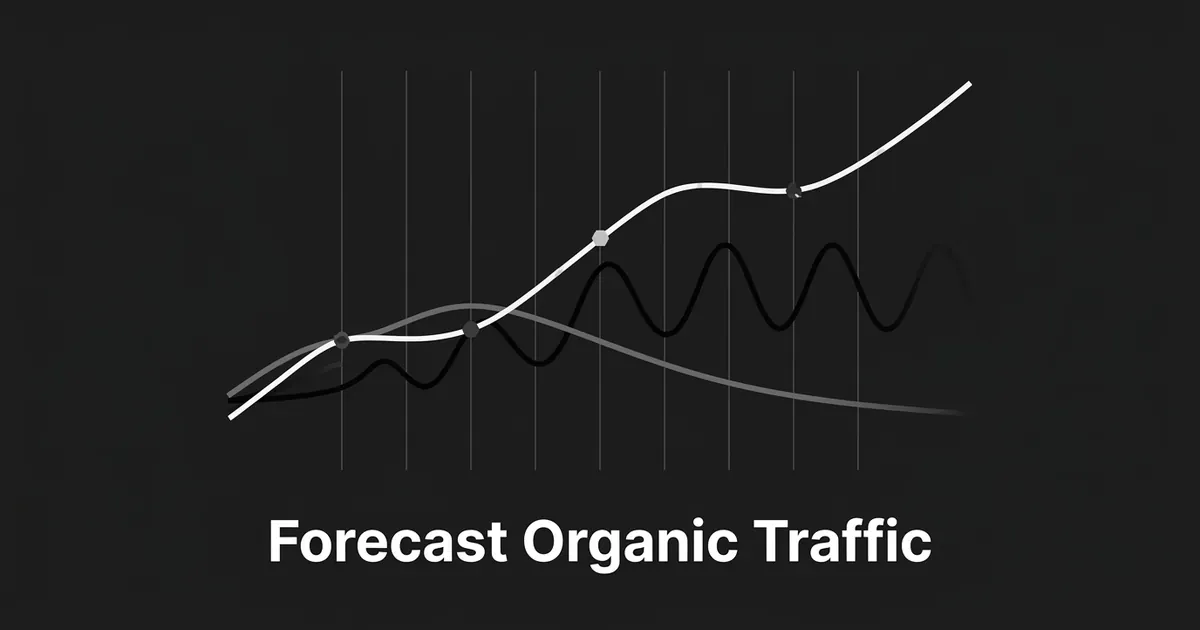 A monochrome line chart on a charcoal background shows a rising white trend line alongside a wavy black seasonal line and a fading gray decay line, with the words Forecast Organic Traffic below.