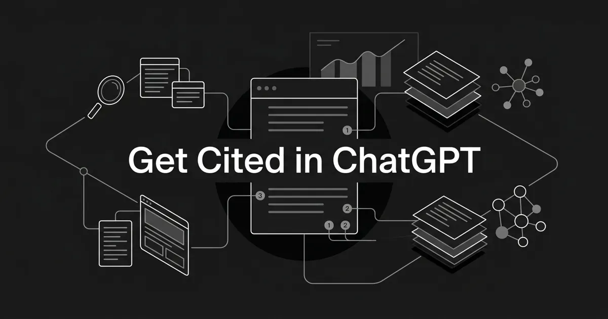 Monochrome flat-vector cover showing a central AI answer panel with numbered citation markers, connector lines running out to retrieved source cards, a magnifier, layered document stacks and node clusters on a charcoal background, behind the centered white cover line "Get Cited in ChatGPT".