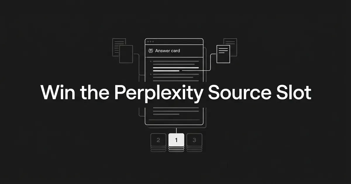 Monochrome line illustration of an AI answer card fed by several page icons, with three numbered source chips beneath it and the first chip highlighted in white, under the cover line Win the Perplexity Source Slot.