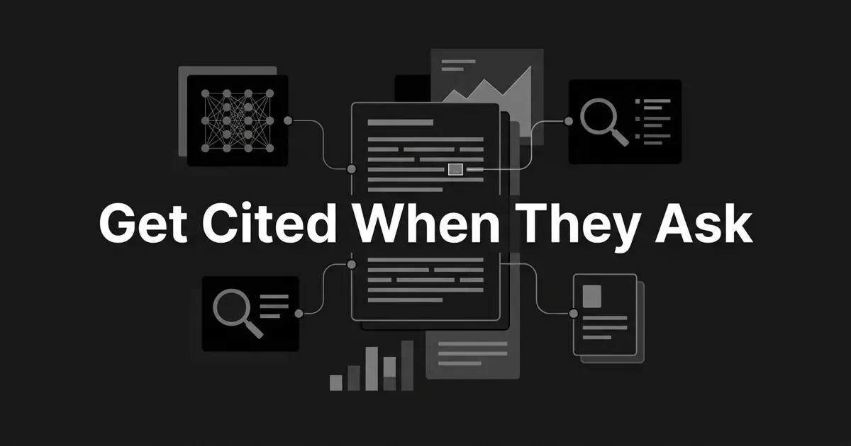 Monochrome geometric illustration on a charcoal background showing a central answer document with a highlighted citation marker, wired by thin connection lines to a neural memory lattice, two search-result panels, and a fetched page card, under the cover line "Get Cited When They Ask".