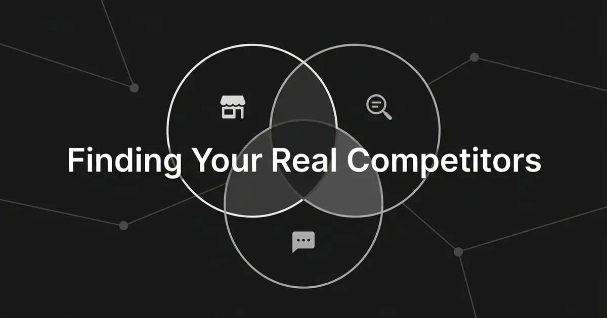 A monochrome illustration of three overlapping circles, one holding a storefront icon for business rivals, one a magnifying glass for search rivals, and one a chat bubble for AI-answer rivals, with the text Finding Your Real Competitors centered over them.