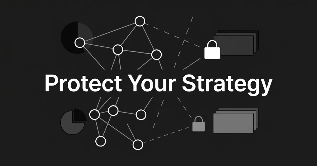 A monochrome illustration of connected network nodes with a padlock and layered document icons on each side, and the words Protect Your Strategy centered on a charcoal background.