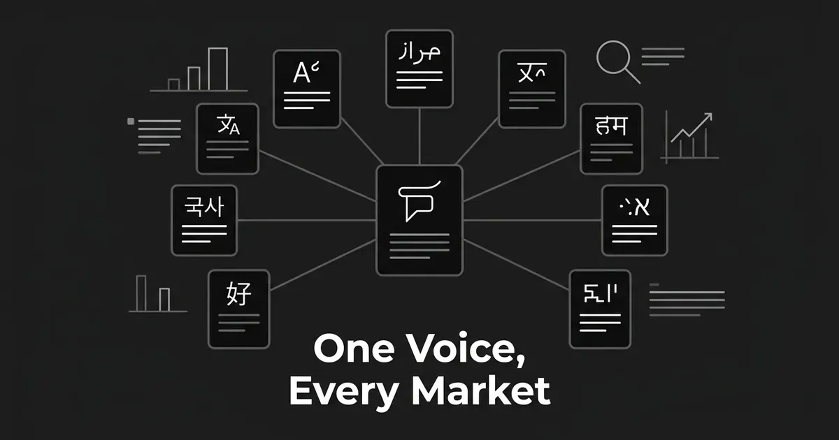 Abstract illustration of a central speech-bubble document connected by lines to ten smaller document cards, each marked with a different script, with the text One Voice, Every Market below.