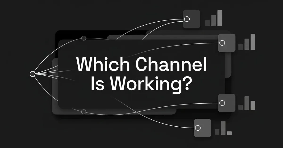 Abstract monochrome diagram of one source node fanning out to several channel nodes, each paired with a small bar chart of different heights, behind the cover line Which Channel Is Working?