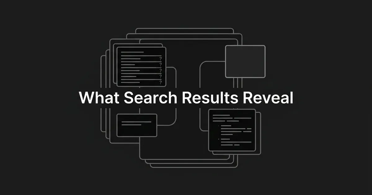 An abstract illustration of layered search-result cards, one with stacked question marks and others with snippet lines, connected by thin lines under the words What Search Results Reveal.