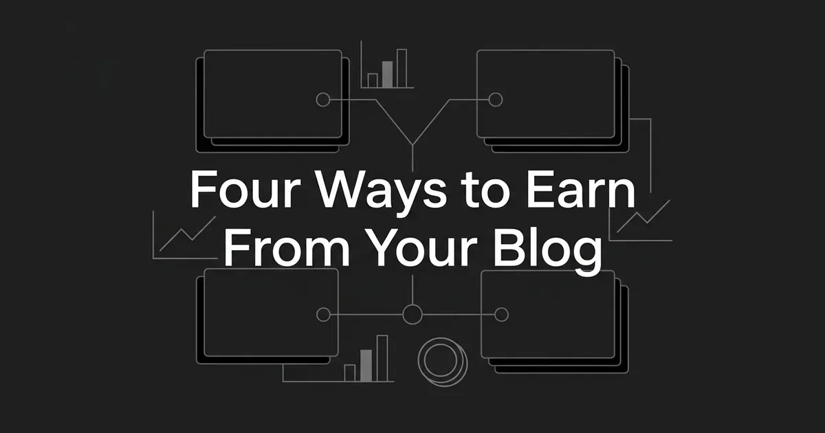 Four layered cards linked by thin lines to a central node, with small bar and line charts and a coin motif, under the cover line Four Ways to Earn From Your Blog.