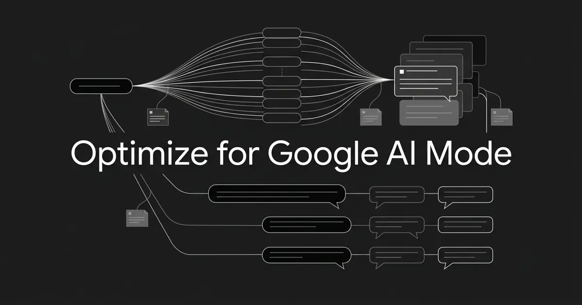 Monochrome diagram on charcoal showing one question node fanning out into many parallel lines and sub-question nodes that converge into stacked answer cards, with rows of chat bubbles for follow-up turns below, behind the centered white cover line Optimize for Google AI Mode.