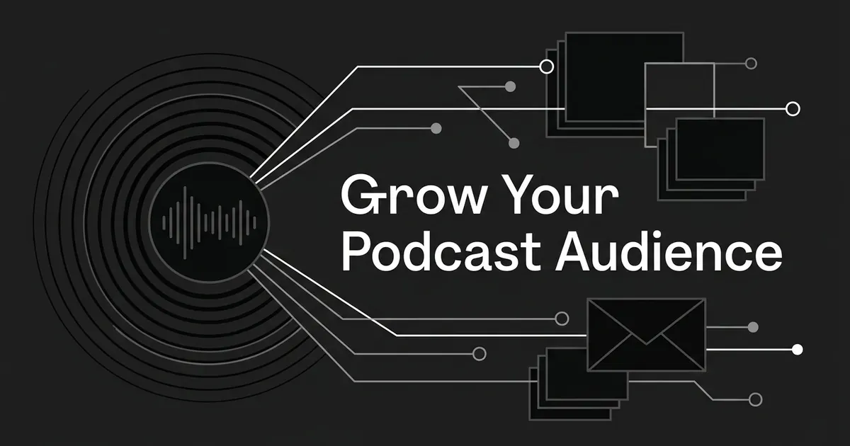 Abstract monochrome illustration of a sound-wave circle sending lines out to cards and an envelope, beside the text Grow Your Podcast Audience.