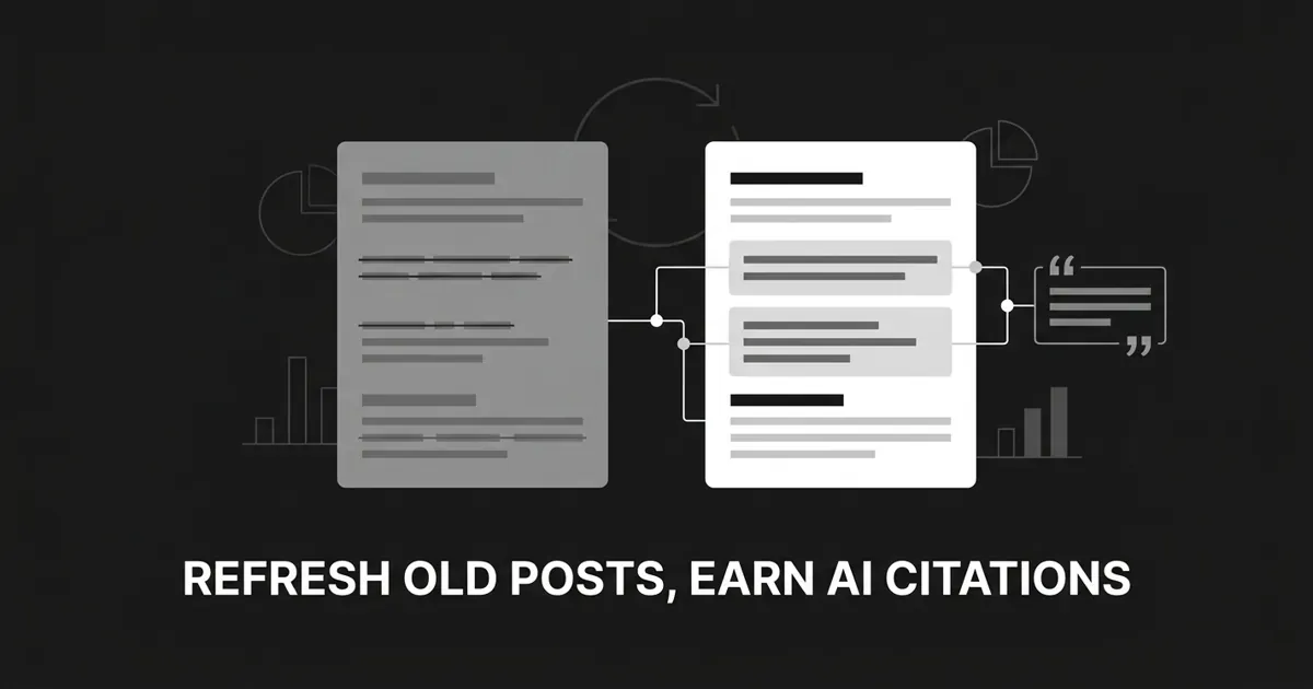 Monochrome illustration of a faded old article transforming into a refreshed one with answer blocks at the top of each section, connected by lines to a citation panel.