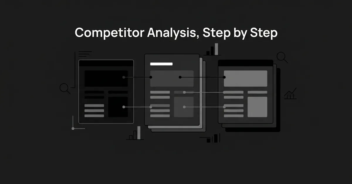 Three abstract monochrome page cards connected by thin lines with small chart and magnifying-glass icons, representing a side-by-side competitor content comparison, with the text Competitor Analysis, Step by Step.