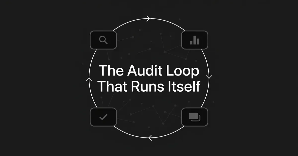 A closed loop of white arrows circles four monochrome icons, a magnifier, a bar chart, a stack of cards and a check mark, around the centred line The Audit Loop That Runs Itself.
