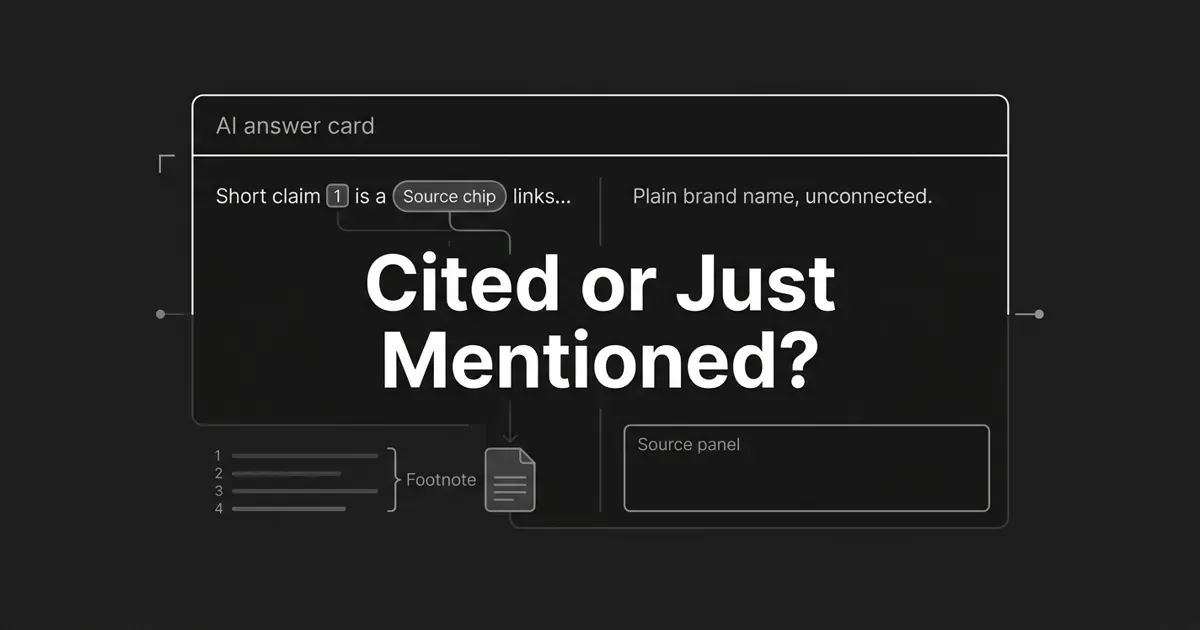 Monochrome abstract cover with the line Cited or Just Mentioned, contrasting a linked AI citation pointing to a source node against an unlinked brand-name mention.