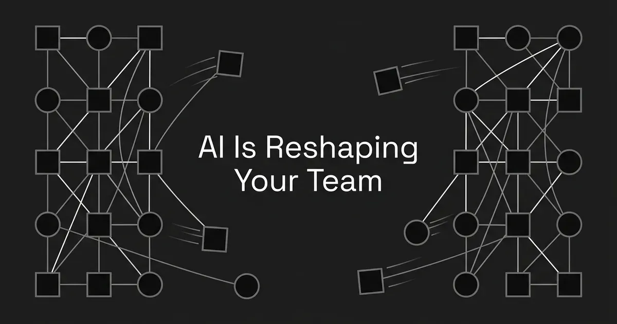 Two symmetrical grids of connected square and circle nodes on a dark charcoal background, with a few nodes breaking away along motion trails to new positions, illustrating a team structure reorganizing, beside the white text AI Is Reshaping Your Team.