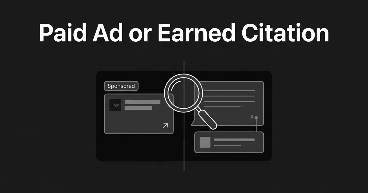A monochrome illustration of a chat answer card split by a magnifying glass, with a labeled Sponsored ad block on one side and an ordinary cited answer on the other, under the text Paid Ad or Earned Citation.