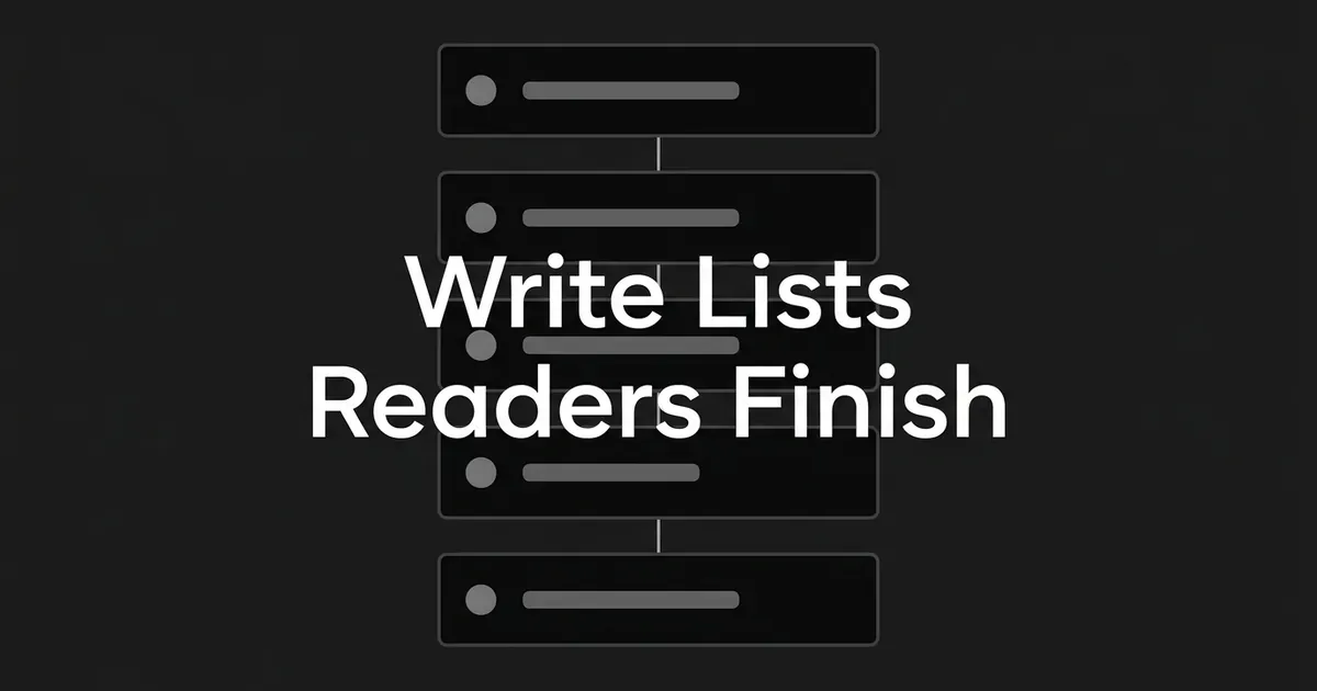 Dark cover with the words Write Lists Readers Finish over a vertical stack of five monochrome cards joined by thin connector lines.