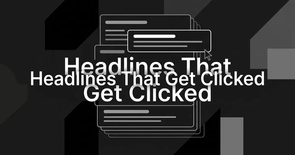 Stacked search-result cards in gray linework on a charcoal background, with one card lifted and outlined in white beside a cursor arrow, under the cover line Headlines That Get Clicked.