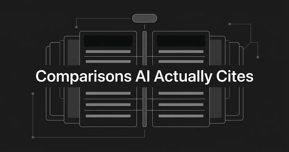 A monochrome illustration of two mirrored panels of comparison rows facing each other across a divider, with a single chip lifted above them, under the cover line Comparisons AI Actually Cites.