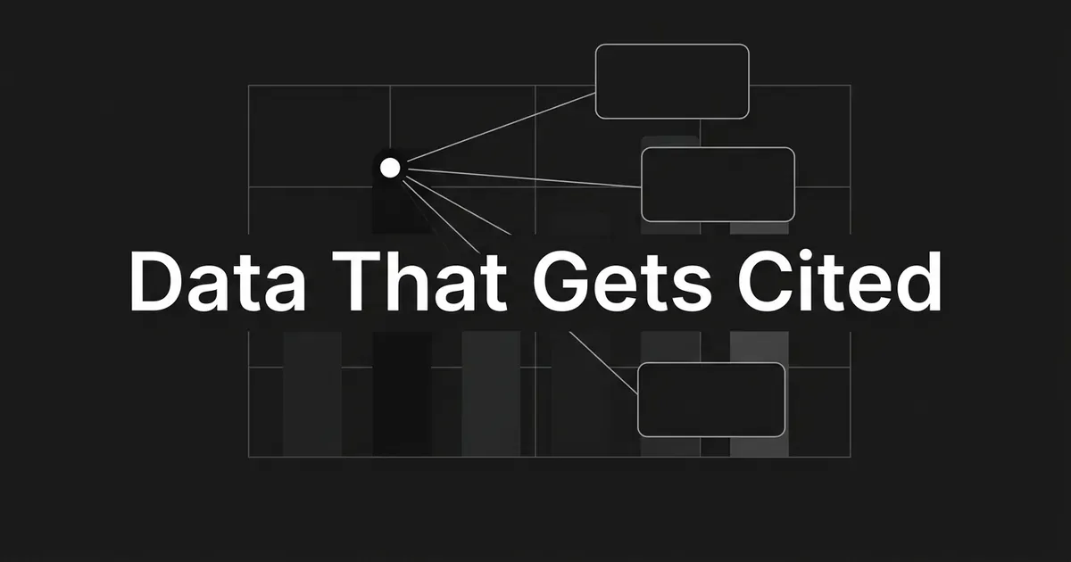 A single white data point on a charcoal background fans connector lines out to blank source cards above the cover line Data That Gets Cited.
