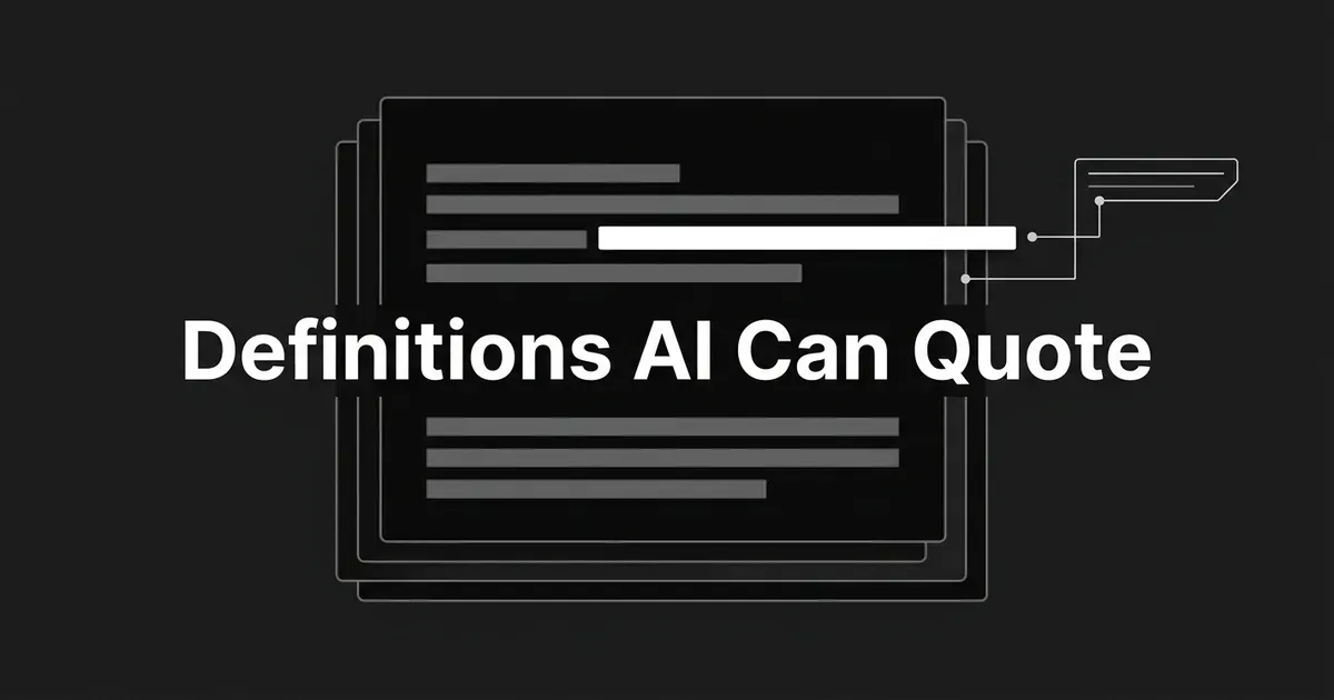 A monochrome illustration of a stack of text-block cards with one line highlighted in white and pulled out to a small answer panel, under the cover line Definitions AI Can Quote.