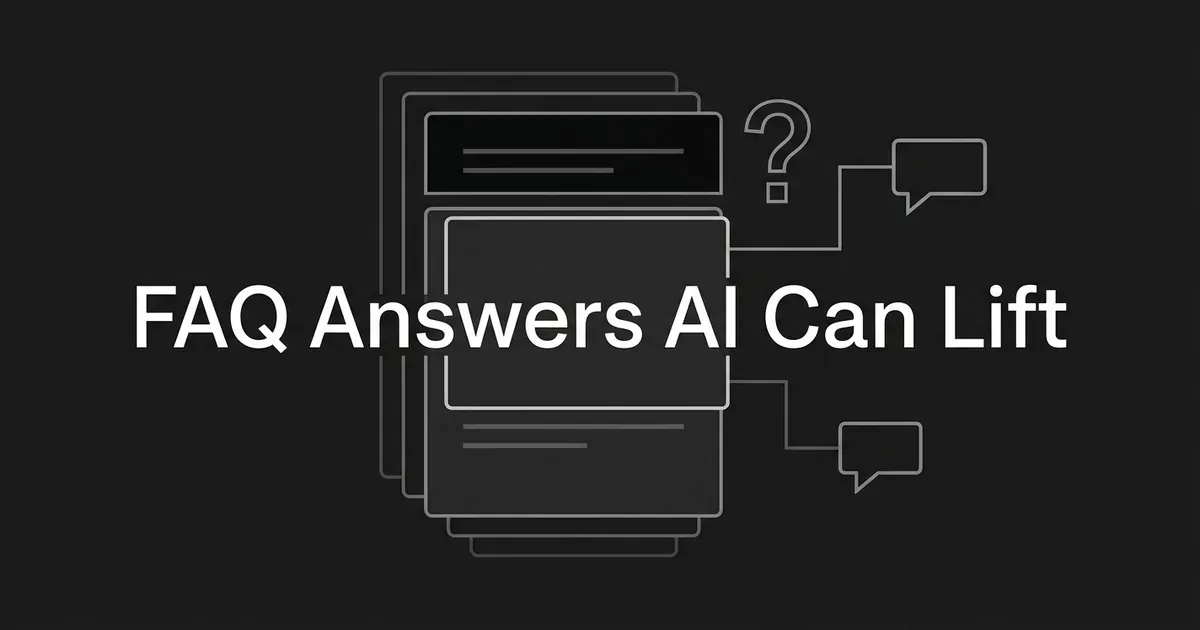 A monochrome illustration of a stack of question-and-answer cards on a charcoal background, with one card highlighted and connected by thin lines to two chat bubbles, under the centered white cover line "FAQ Answers AI Can Lift".