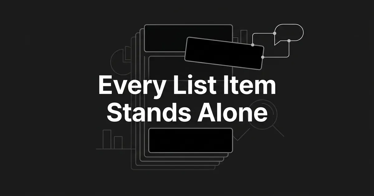 A monochrome abstract cover shows a stack of numbered list cards with one card lifted clear of the stack and linked to an answer bubble, under the line Every List Item Stands Alone.