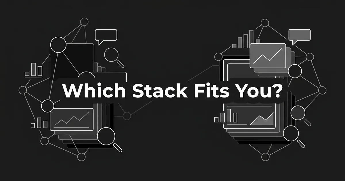 Two clusters of connected nodes, layered cards and small charts in white linework on charcoal face each other, with the line Which Stack Fits You? centered between them.