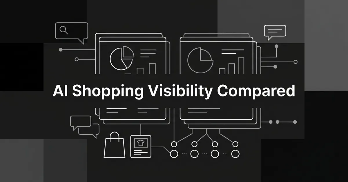 Monochrome line illustration of two side-by-side analytics dashboards connected to a shopping bag, a product card and a row of AI assistant nodes, under the line AI Shopping Visibility Compared.