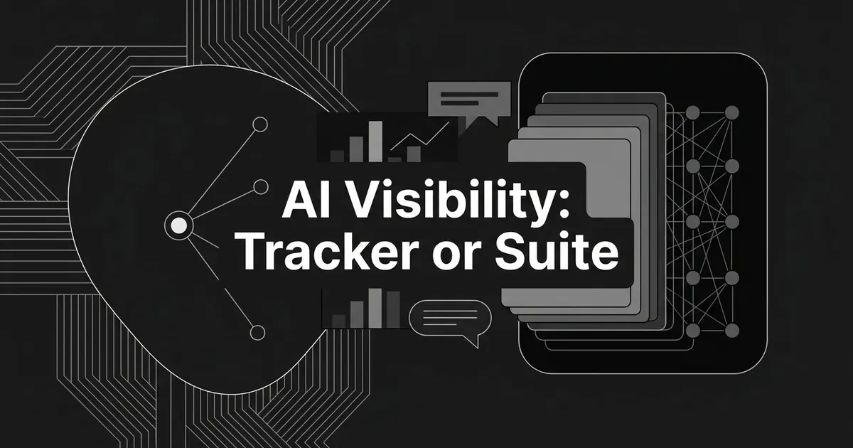 Charcoal monochrome illustration of a small tracker node on the left and a layered platform of cards and connected nodes on the right, with the text AI Visibility: Tracker or Suite.