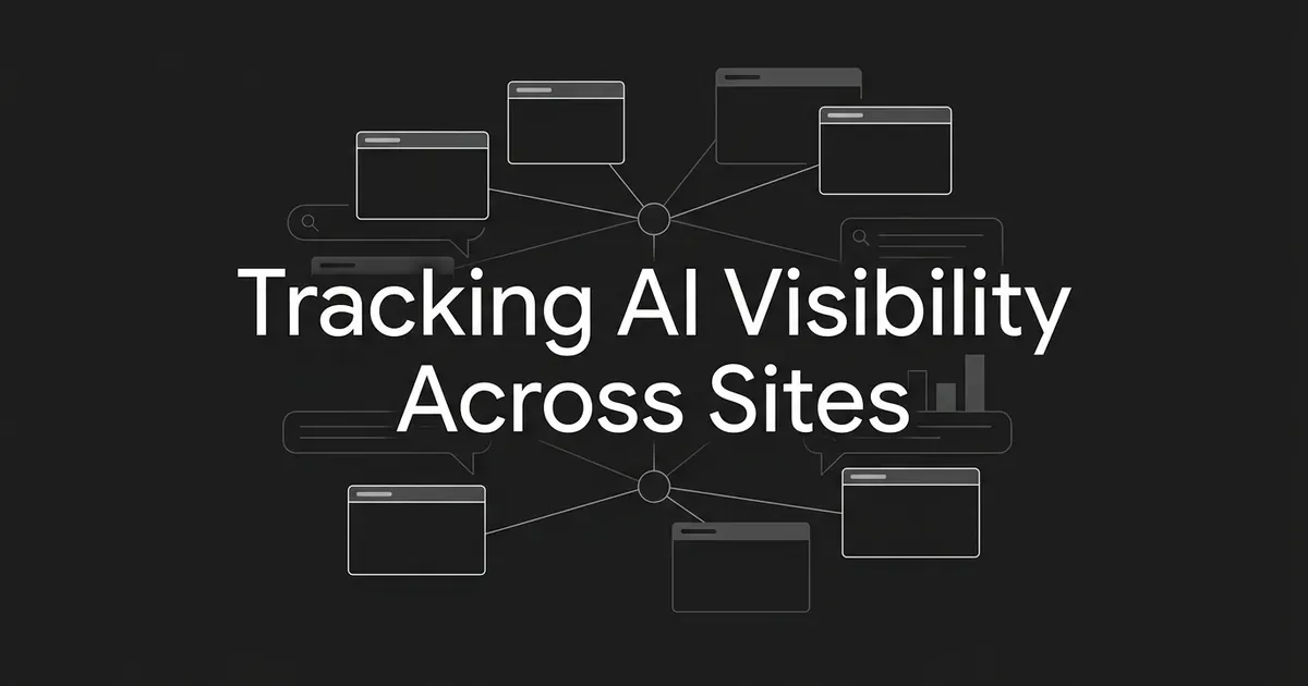 Dark cover with the line Tracking AI Visibility Across Sites over several website cards linked to a central node.