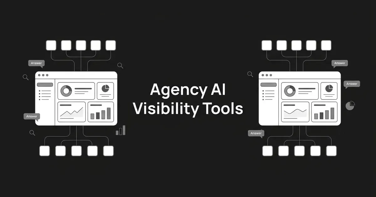 Monochrome illustration of two dashboard cards, each connected to a row of client account nodes, beside the cover line Agency AI Visibility Tools.