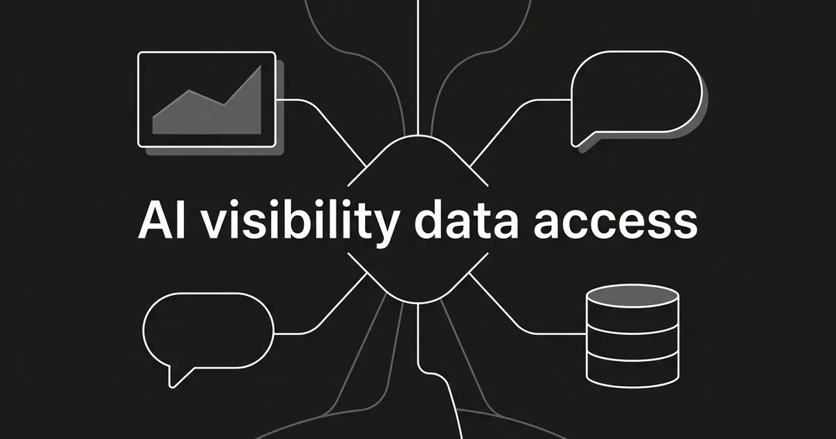 Abstract monochrome illustration of a central data node connected to a dashboard, a chat assistant and a database, with the words AI visibility data access.