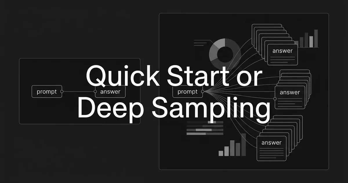 Dark monochrome cover reading Quick Start or Deep Sampling, with a small single prompt-to-answer panel beside a larger panel where one prompt fans out to many stacked answer cards.