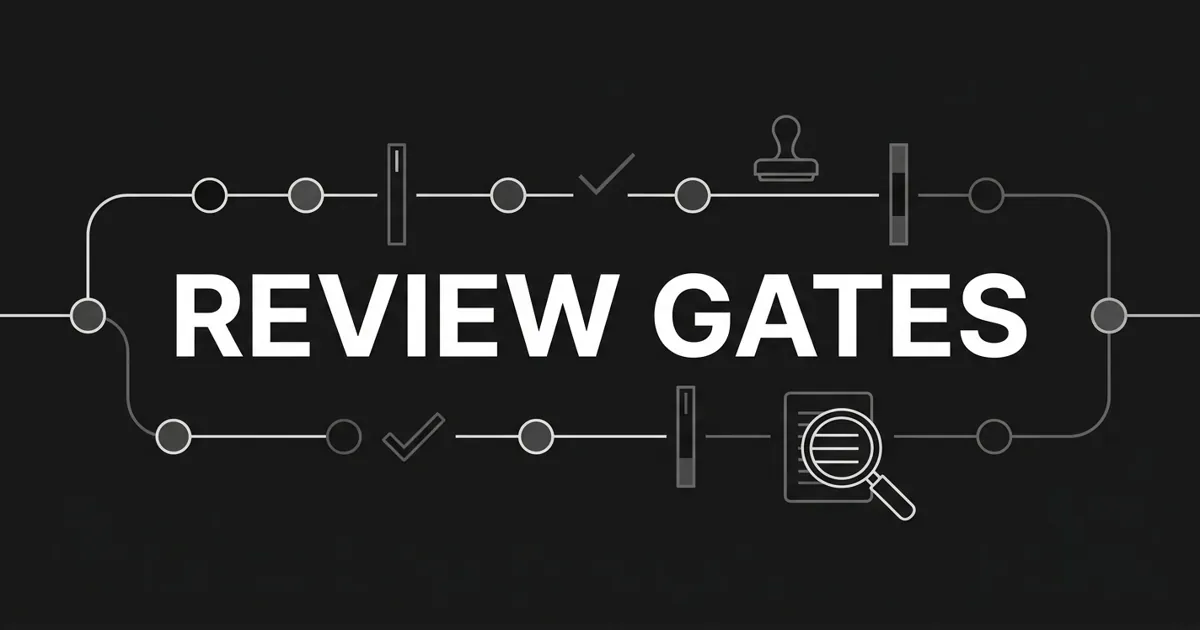 Monochrome diagram of a content pipeline looping through checkpoint bars, checkmarks, an approval stamp and a magnifier over a document, with the words "Review Gates" centered in white on charcoal.